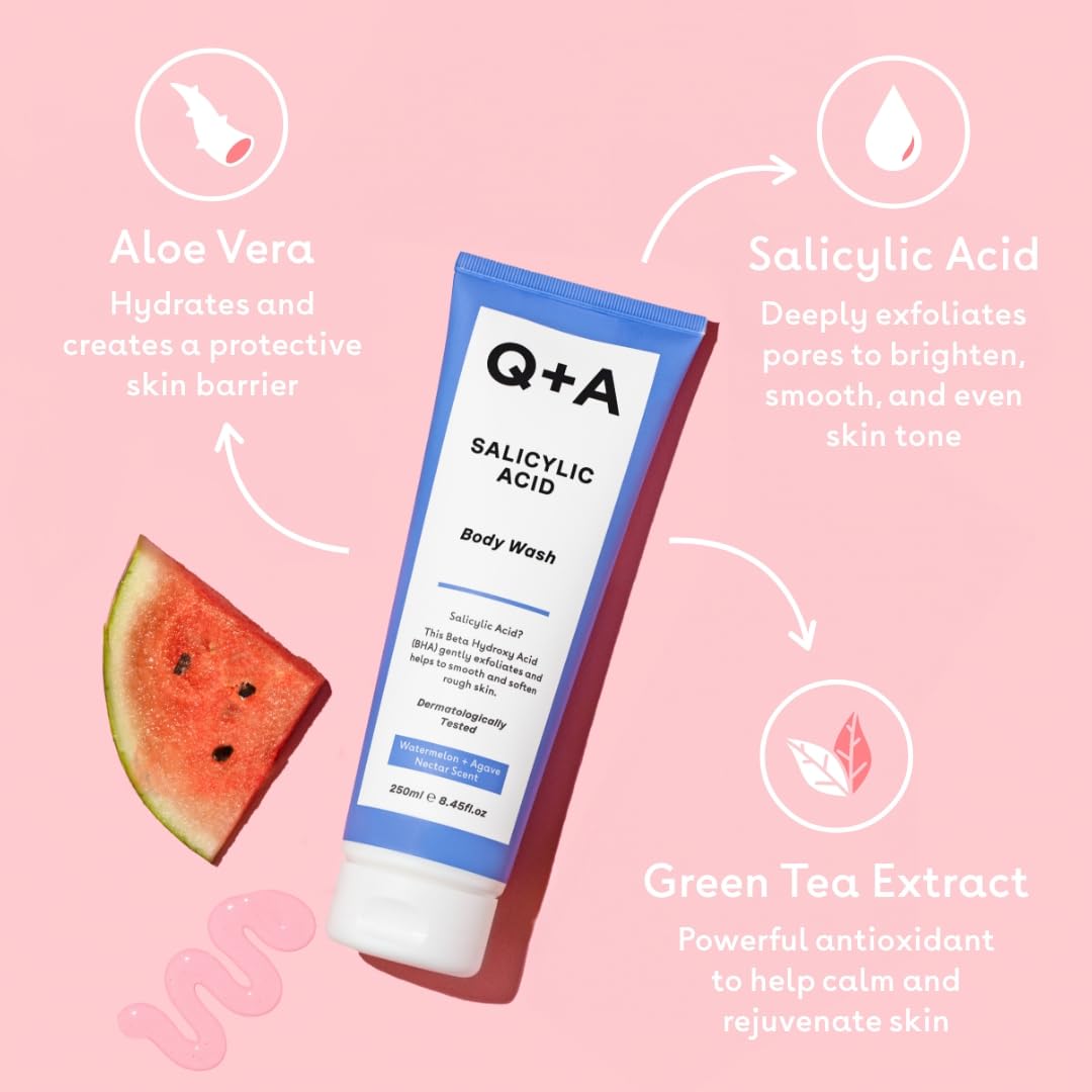 Q+A Salicylic Acid Body Wash, gel-based Body Wash, exfoliates, smoothes and softenes the skin with a blend of Salicylic Acid, White Willow Bark and Green Tea Extract, 250ml